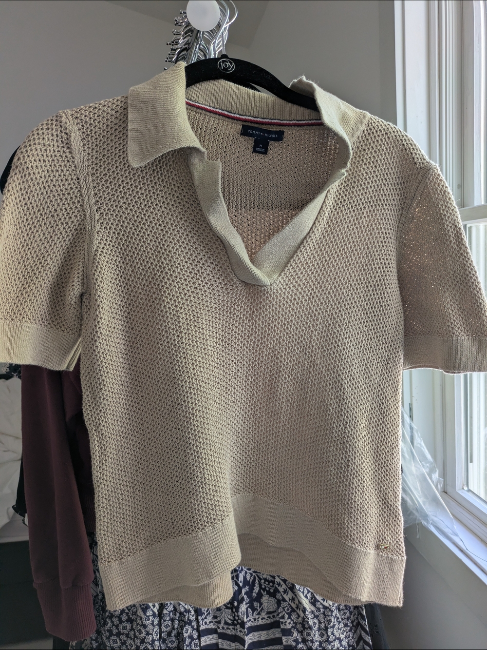 Tommy Hilfiger Beige Open-Knit Polo Sweater Linen Cotton Crochet